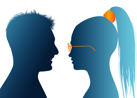 Talking between a man and a woman. Dialogue between people. Communication between businesswoman and businessman. Discussing between couple. Vector Silhouette of colored profileのイラスト素材
