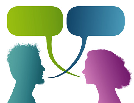 Vector isolated Colored silhouette with speech bubble. Talking between a man and a woman. Dialogue - discussion - chat communication between couple or peopleのイラスト素材