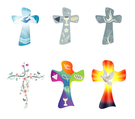 Set modern isolated vector Christian crosses. Cross collection with symbols of Christianity. Religious signsのイラスト素材