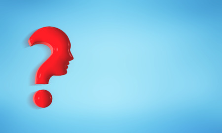 Isolated red question mark forming a human profile face on a blue background. 3d illustrationの写真素材