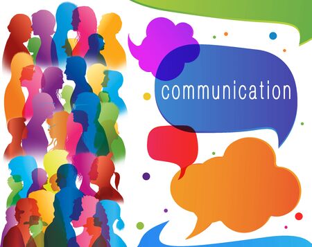 Social networking. Different people. Large isolated group people in profile talking silhouette. Speech bubble. Crowd speaks. Concept to communicate. Multi-ethnic people dialogue. Clouds. Talkの写真素材