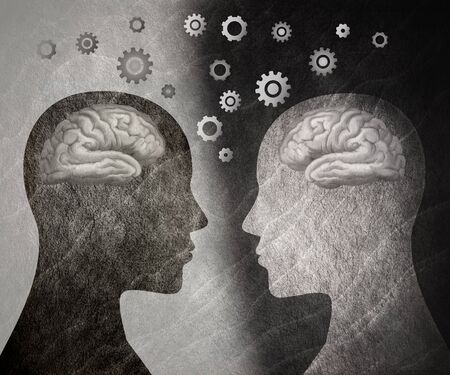 Group therapy. 2 human heads in silhouette profile with brain and gears. Neuroscience or neurology seminar. Neurological assistance and therapy. Improve intelligence and memory. trainerの写真素材