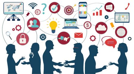 Sharing ideas and technology for the future. Connection and exchange of ideas - data or questions. Communication and network between people. Upload and download data. Mind Map. Network teamworkのイラスト素材