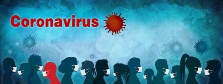 Banner. Coronavirus epidemic and pandemic. Group people diversity wearing medical masks. Crowd of...