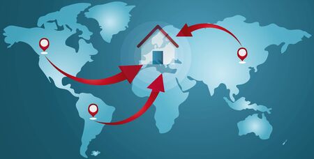 Re-shoring concept. Factories companies like home. Increased protectionism. Self-sufficiency. Automated supply chain. Avoid production chain disruption. Local production. World mapのイラスト素材
