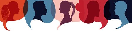 Silhouette heads people in profile.Speech bubble.Diversity people.Talking dialogue and inform.Communicate group of multiethnic and multicultural people who talk and share ideas.speakのイラスト素材