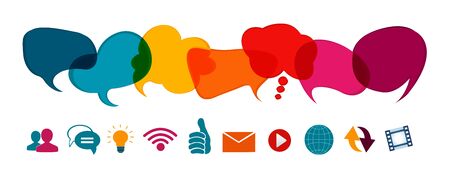 Social network concept. Speech bubble and online communication symbols. Communication dialogue and sharing of ideas data information news and thoughts in social media. Communicate via the webのイラスト素材