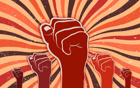 Fists raised in protest of the people. Revolution and social struggle concept. Cooperation and...