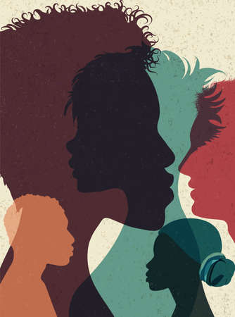 Diversity multi-ethnic and multiracial people poster. Silhouette profile group of men and women of diverse culture.Concept of racial equality and anti-racism.Multicultural society.の写真素材