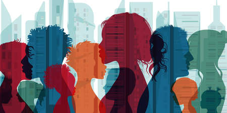 Multiethnic and multicultural population and society. Family community. Group of people diversity silhouette from the side. Crowd. Communication and connection people of different cultureの写真素材