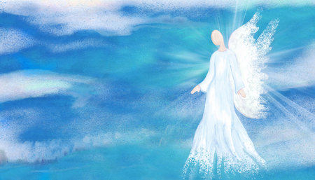 Archangel. Heavenly angelic spirit with wings. Hand draw Illustration abstract angel. Belief. Afterlife. Spiritual Angel. Sky clouds with bright light rays. Blessing. Inspiration. Bannerの写真素材