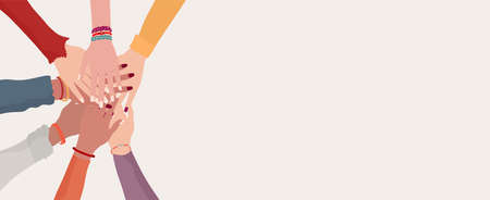 Group hands on top of each other of diverse multi-ethnic and multicultural women. Diversity women. Female social network community. Cooperation.Diverse culture.Racial equality. Friendshipのイラスト素材