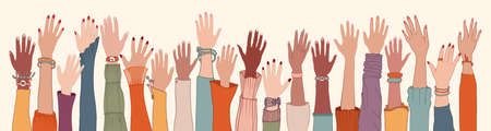 Group raised human arms and hands. Diversity multi-ethnic people.