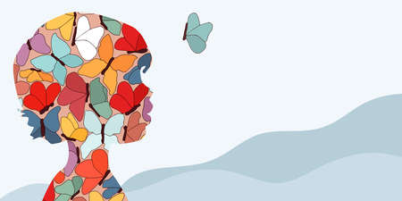 Autism syndrome concept. Puzzle of butterflies that forms a child's head in profile. Learning support and education. Neurological Disease. Mind and brain.Conceptual. Banner copy spaceのイラスト素材