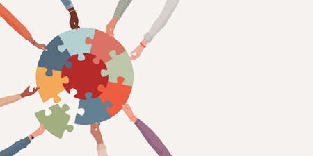 Missing link.Arms of hands of people or colleagues of diverse culture holding jigsaw puzzle pieces that connect.Problem solving.Teamwork.Union.Collaborating.Strategy.Banner copy spaceのイラスト素材