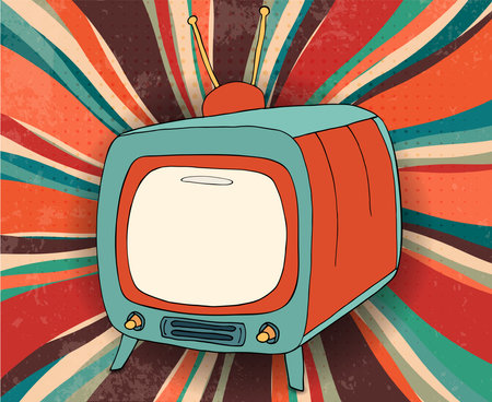 Concept broadcast motion picture - news - advertising - show - video.Hand draw comic old retro TV copy space screen.Vintage television with tube and antenna.Broadcasting. Communicationのイラスト素材