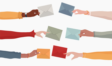 Arms and hands of multiethnic people holding an email as a concept of electronic mail information and sharing online. Send and receive messages. Colleagues or co-workers or friends. Teamのイラスト素材