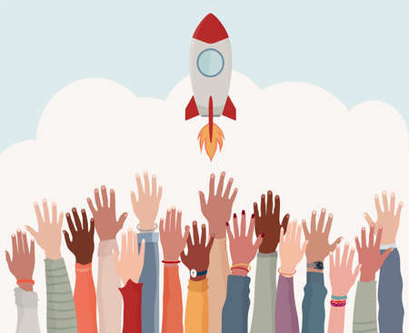 Group arms and hands raised as if to reach a goal. Colleagues collaborators or co-workers of diverse cultures.Realization and financial - working - investment growth.Strategy and successのイラスト素材