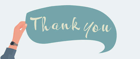 Raised arm of man holding a label in the form of a speech bubble with the inscription -Thank You- Concept of gratitude and appreciation. Banner with copy spaceのイラスト素材