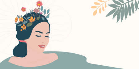 Face of smiling relaxed woman taking care of her body. Treatment therapy cleaning care and hygiene of the body and female skin. Wellness center or beauty salon. Anti-aging treatment.SPAのイラスト素材
