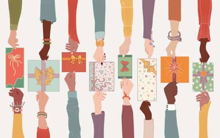 Isolated arms of diverse and multicultural men and women people exchanging gift boxes as a gift for Christmas holidays for new year or birthday or anniversary or anniversary. Gift conceptのイラスト素材
