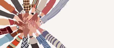 Group of hands on top of each other in a circle top view of multicultural people.Agreement pact bargain between fellow collaborators or co-workers.Cooperation between multi-ethnic peopleのイラスト素材