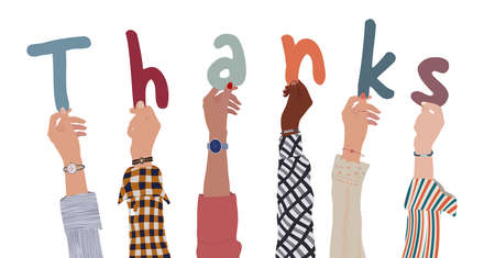 Raised arms of a group of diverse multicultural people holding the letters forming the word THANKS in their hands.Teamwork.Gratitude and agreement between colleagues. Appreciationのイラスト素材