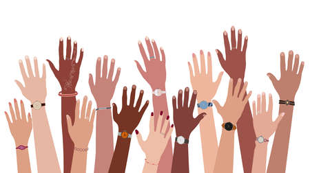Group of hands and arms raised up of multi-ethnic and multicultural men and women with different skin color. Diversity of people. Community team. Racial equality. Multiracial peopleのイラスト素材