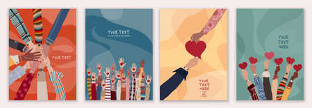 Leaflet - cover with group of volunteer multicultural people - editable poster template. Raised arms of people holding a heart in their hand. Charity and solidarity donation. Communityのイラスト素材