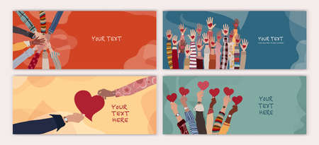 Banner - cover with group of volunteer multicultural people - editable poster template. Raised arms of people holding a heart in their hand. Charity and solidarity donation. Communityのイラスト素材