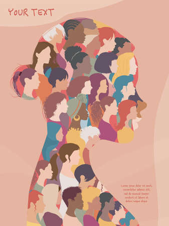Profile silhouette group of many multicultural women and girls forming a woman head in profile. Female community of social network. Racial equality. Allyship. Empowerment. Cover - posterのイラスト素材