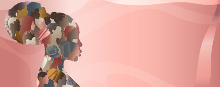 Profile of a silhouette group of many African-American or African women and girls form a woman head in profile. Female social network community. Racial equality. Ally. Empowerment. Bannerのイラスト素材