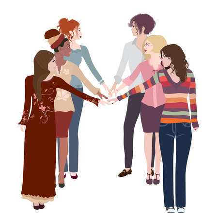 Empowerment. Isolated group multicultural women with outstretched arm and hand as a sign of self-confidence and self-awareness. Female social network community. Racial equality. Allyshipのイラスト素材