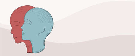 Metaphor bipolar disorder mind mental. Double face. Split personality. Concept mood disorder. 2 Head...