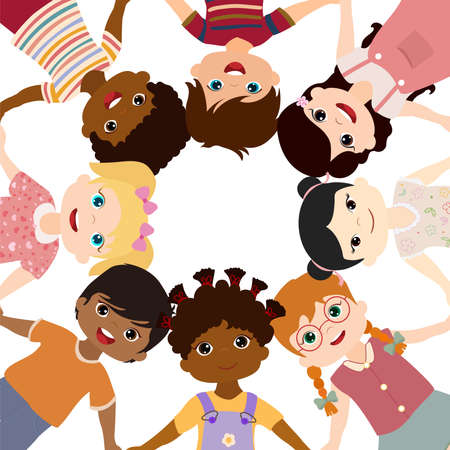 Group of diverse culture and ethnic children holding hands forming a ring.Smiling and happy kids in circle.Friendship between communities of multi-ethnic children from different continentsのイラスト素材