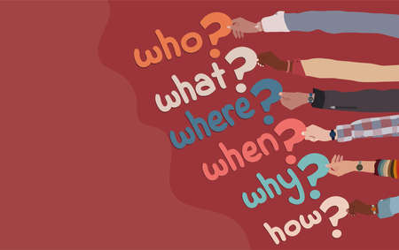 Multicultural people arms holding in hand colorful question marks with Who-what-where-when-why-how text. Problem solving - Brainstorming. Banner copy spaceのイラスト素材