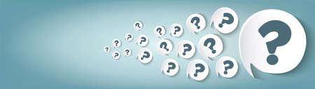Blue background banner with speech bubble and question marks. FAQ information or customer service concept. Assistance help info questions and support. Questions and answersの写真素材