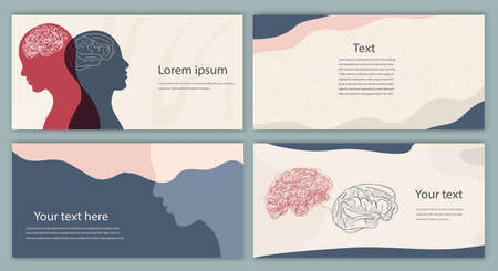 Template set. Metaphor bipolar disorder mind mental. Double face. Leaflet brochure. Split personality. Concept mood disorder. 2 Head silhouette.Psychology. Mental health.Poster copのイラスト素材