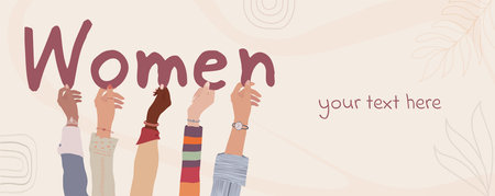 Banner group of hands up of diverse culture women holding the letters forming the word -Women- Racial equality concept. Allyship and sisterhood. Feminism. Women s community. Womenのイラスト素材