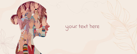 Woman silhouette in profile with inside group hands up of women of diverse culture. Anti-racism racial equality concept. Allyship and sisterhood. Feminism. Women s community. Womenのイラスト素材