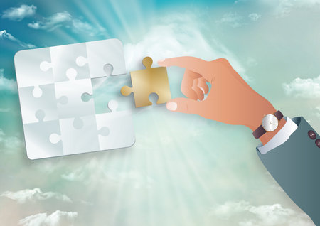 Problem solving metaphor.Missing link concept.Close-up Hand of business man holding a gold colored jigsaw piece to complete the puzzle on sky background with clouds.Challenge and cの写真素材