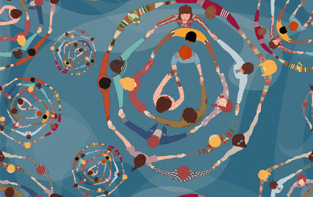 Backdrop seamless pattern with group of diverse people in a circle from different cultures holding hands. Community men and women of friends or volunteers. Top view. Racial equalitの写真素材