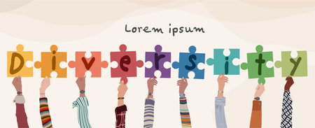 Hands raised up group of diverse and multicultural people holding puzzle pieces with letters forming the word -Diversity-. Racial equality concept. Variety of people. Banner. Teamのイラスト素材