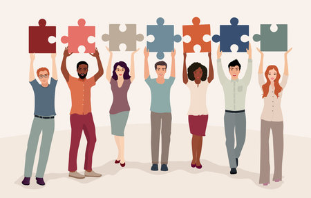 Group of diverse culture people with raised hands holding and connecting jigsaw puzzle pieces. Colleagues co-workers collaborators who cooperate together.のイラスト素材