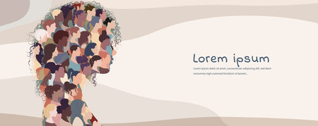 Profile silhouette group of many multicultural women and girls forming a woman head in profile. Empowerment. Female community of social network. Racial equality. Allyship. Poster -のイラスト素材