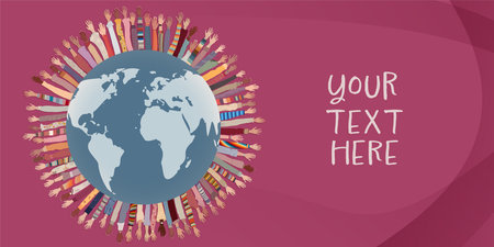 Hands and raised arms of many multicultural women around the earth. Women's day. Racial equality. Female social community of different cultures. Empowerment or inclusion. Banner copyのイラスト素材