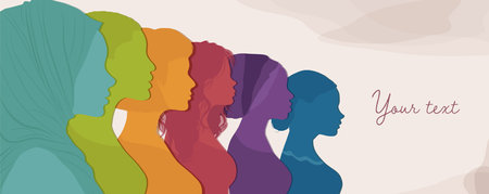 Silhouette profile group of multicultural women. International Women's day. Female social community of different cultures. Colleagues. Racial equality. Banner poster copy space. Equalのイラスト素材