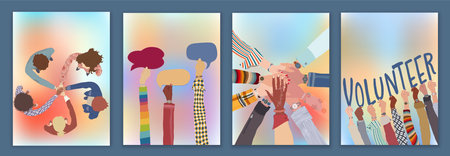 Volunteer people group concept landing page poster editable template. Multicultural people with raised hands. People diversity holding text - volunteer - Hands in a circle. NGO Aidのイラスト素材