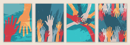 Creative poster design with raised hands of volunteers. Volunteer recruitment. Nonprofit.Volunteerism.NGO Aid. Call for volunteers template.Background drawn with paint brushesのイラスト素材