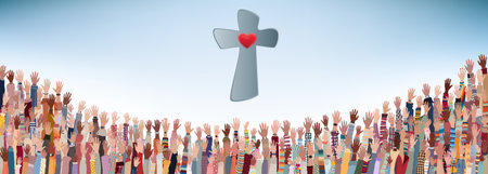 Group of Christians with raised hands praying or singing to the Lord. Christianity in the world. Christian worship. Concept of faith and hope in Jesus Christ. Background with crossの写真素材